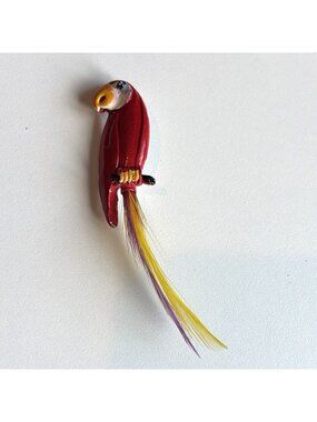 Vintage OGM Colorful Enamel Parrot Brooch Pin Real Tail Feathers MCM Signed 3"